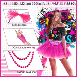 Ladies 80s Fancy Dress Costume, 1980s Costume Outfits Accessories Set with T-Shirt Tutu Skirt Bag Fishnet Gloves Headband Neon Earrings Necklace Bracelets for Women Girls 80s 90s Retro Theme Hen Party