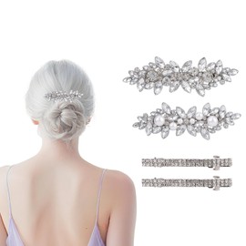 lasuroa 4pcs Rhinestone Hair Clips for Women, Pearl Wedding Hair Pins Bling Sparkly Rhinestone Barrettes Silver Crystal Hairpins Accessories for Brides Bridesmaids Girls