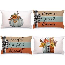 GEEORY Fall Throw Pillow Covers 12x20 Inch Set of 4, Pumpkins Mason Jars Home Sweet Home Striped Autumn Thanksgiving Seasonal Decorative Farmhouse Decoration for Home (Blue) G635-12