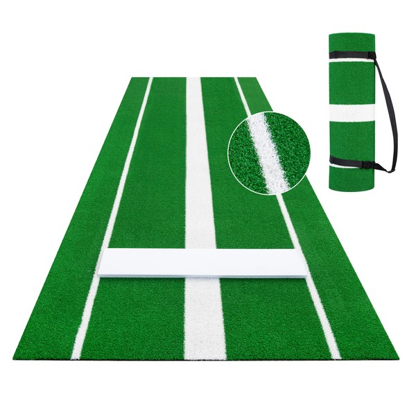 THWTGH Softball Pitching Mat 10' x 3', Portable Softball Pitching Mound with 24 x 6 Inch Pitching Throwing Plate Non-Slip & Non-Fade Softball Pitching Training Aid with Carry Strap