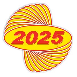 Versa Tags 2025 Oval Model Year Car Dealer Window Stickers Proudly Made in The USA Versa Oval Model Windshield Year Stickers are Red and White in Color Come Twelve (12) to A Pack