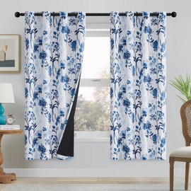 UGOUTRY 100% Blackout Flower Blackout Curtains 63 Inch Long, Mixed Blue Room Darkening Privacy Protect Curtain Panels For Bedroom, Energy Saving Watercolor Floral Pattern Window Treatments 2 Pack 52"W