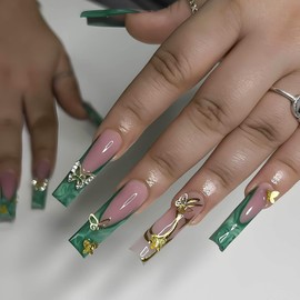 RUOKEXIN 24pcs Long Press on Nails French Tip Glossy False Nails with 3D Butterfly Charms Designs Green Sparkly Artificial Nails Cute Stick on Nails for Women