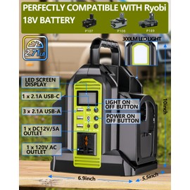 Taingwei 350W Power Inverter for Ryobi 18V Battery, 2-Ports DC 18V to AC 110-120V Pure Sine Wave Battery Inverter with 3 USB-A Port, 1 USB-C Port,300lm LED Light for Camping Emergency(Tool Only)