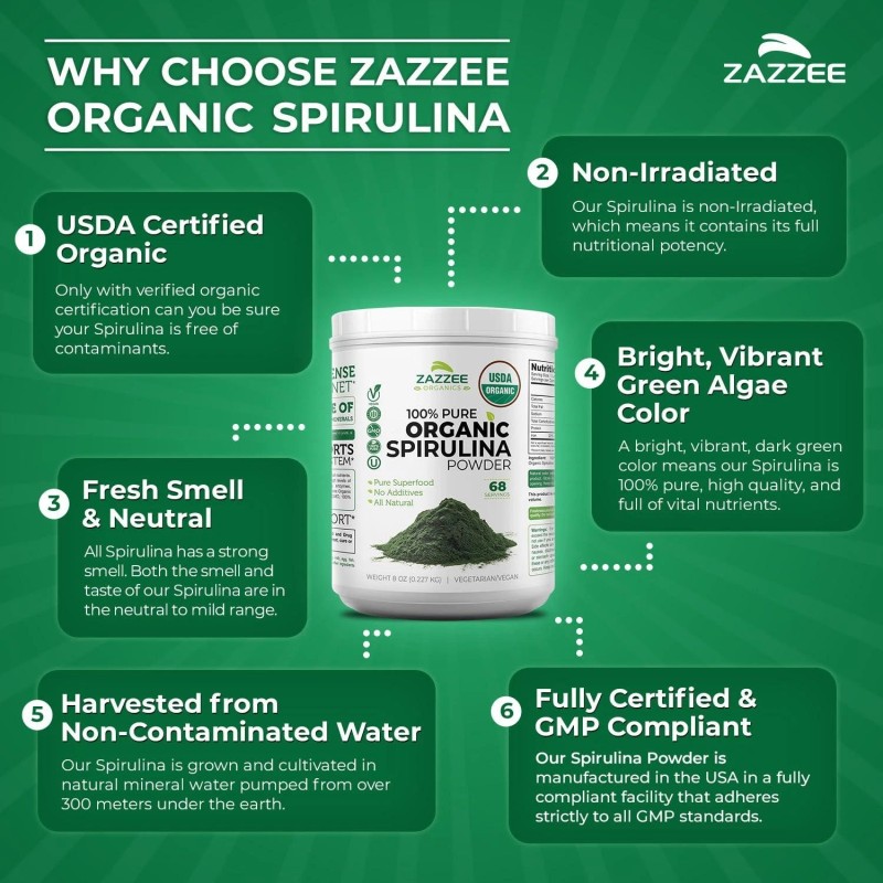 Zazzee Organic Spirulina Powder, 8 Ounces, USDA Certified, 68 Servings,