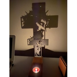 Jesus Christ Cross Shadow Tea Light Holder with Wooden Base - 3D Printed PLA Decorative Candle Holder