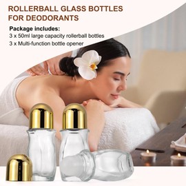 JIUWU Oil Roller Bottle,3 Pcs Empty Travel Size Bottles, 50 ML Rollerball Bottle, Refillable Roller Ball Applicator, Glass Bottles for Deodorant (Plastic Rollerball),with Multi-Function Bottle Opener