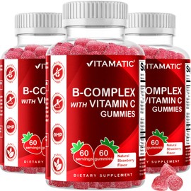 Vitamatic Vitamatic Vitamin B Complex Gummies with Vitamin C & Inositol - Natural Strawberry Flavor - 60 Gummies (3 Bottles)