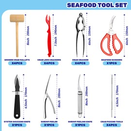 Waltool 19Pcs Seafood Tools Includes Sea Food Scissors, Crab Crackers, Oyster Knife, Lobster Crackers, Crab Hammer and Shellfish Forks, Nutcracker Set for Restaurants, Picnic and Home Use