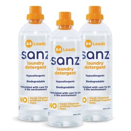 SANZ Hypoallergenic Eco-Friendly Laundry Detergent - Free and Clear for Sensitive Skin, Gentle for Babies, Ultra Concentrated, HE, Dye Free, Superior Cleaning Odor & Stain Remover, 192 Loads (3 Pack)