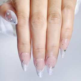 Handmade Press-On Nails French Tip Press-On Nails Handcrafted White Ribbed Almond-Shaped Nails Reusable Hand-Painted Nails Including Tool Kit 10 Pieces (SHN6-M, M)