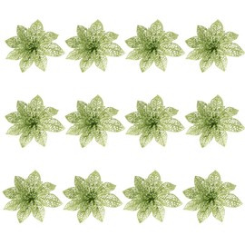 LIOOBO 12Pcs Christmas Artificial Flower Poinsettias Glitter Christmas Flowers for Wreath Making Christmas Tree Decorations DIY Crafts (Light Green)