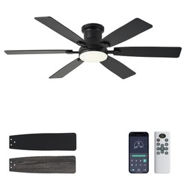 iacaf 52inch Low Profile Ceiling Fan with Light and Remote/APP Control, LED Dimmable DC ReversibleModern, Flush Mount,6 Blade,Black Ceiling Fan for Bedroom Living Room/Outdoor Use