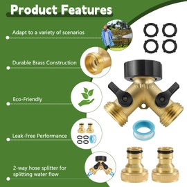 Raheem Hose Splitter 2 Way 3/4 Inch with Garden Hose Connectors Brass Manifold for Outdoor Use Includes Sealing Tape & Washers for Leak-Free Connection