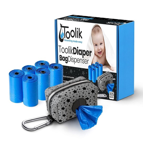Toolik Diaper Bag Dispenser with 105 Disposable Unscented Waste Bags (7 Refill Rolls) for Baby and Toddler Poop or Dirty Clothes, Essential for Travel and Quick Change on The Go