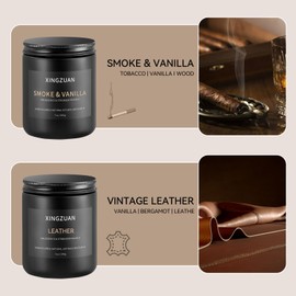 XINGZUAN 2PCS 10% Essence Smoky Vanilla Candle Set | Leather Scented Candle | Men's Room Decor | Black Soy with Wood Wick | Long Lasting 40 Hour Time | Ideal for Man Cave, Bedroom, or Officec