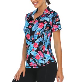 LURANEE Uv Shirts for Women,Womens Golf Apparel Quarter Zip Pullover Athletic Workout Tops Moisture Wicking Gym Wear Basic Sport Exercise Outdoor Raglan Baseball Tee Shirt Blue Leaf M