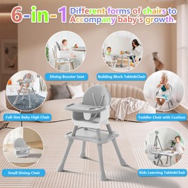 6 in 1 Baby High Chair for Babies and Toddlers, Booster Seat, Kids Learning Table & Chair (Grey)