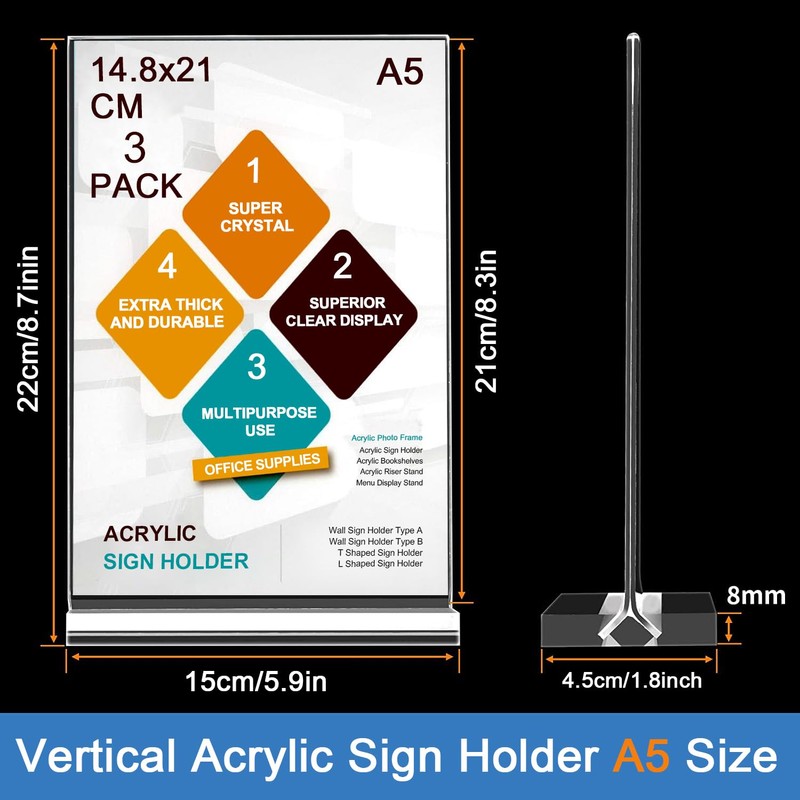 ROSSHINE A5 Menu Holders, 3pack Double Side Display Acrylic Sign