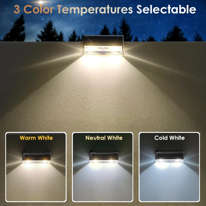 Solar Fence Lights Outdoor - 3000/4000/6000K 3 Mode, IP65 Waterproof