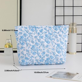 2 Pack Quilted Floral Cotton Makeup Bags for Women,Large Cosmetic Organizer Pouches,Portable Travel Toiletry Bags Cute Small Brushes Storage Pouch with Zipper for Purse,Flower Light Blue