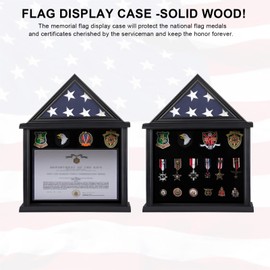 Zmiky Flag Display Case American Flag Solid Wood Display Case Fits a 3 X 5 Flag Folded Military Shadow Box with Felt Lining Holder for Certificate Pins Insignia Medals, Black