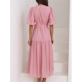 HOULENGS Women's Deep V Neck Puff Short Sleeve Tiered Dress Elastic High Waist Flowy A-line Midi Dress Pink Medium
