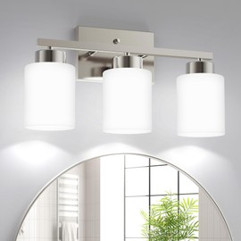 3-Light Brushed Nickel Bathroom Light Fixtures, Modern Vanity Light Over Mirror Lighting, Wall Sconce with Frosted Milky White Glass Shades for Bedroom Living Room Kitchen Hallway