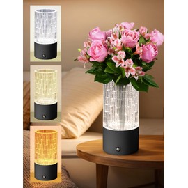 LHQOO Table Lamp Touch Lamps with Flower Vase 2-in-1, 3-Color Infinite Dimming Bedside Lamp, USB Rechargeable, Suitable for Bedroom, Study, and Holiday Decorations (Black)