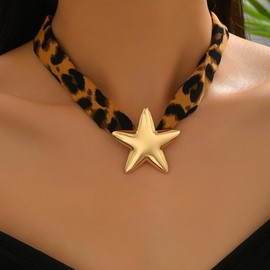 LOOKLITE Scarf Necklace with Charm for Women Boho Leopard Choker Scarf Charm Necklace Cross Star Starfish Conch Pendant Necklaces Trendy Summer Beach Jewelry Costume Accessories Color-Star