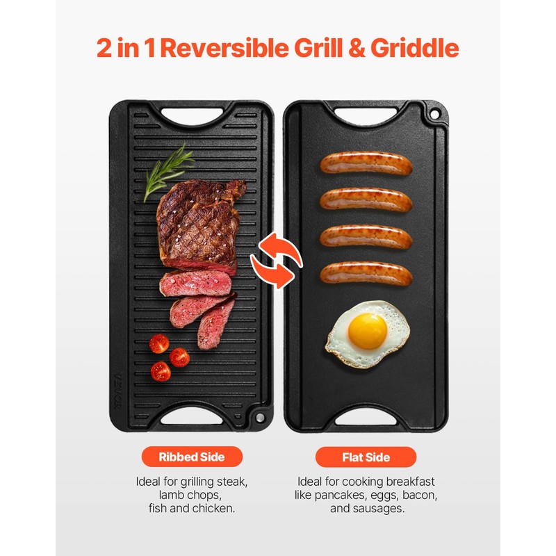 VEVOR Reversible Grill/Griddle, 20x10 inch Pre-Seasoned Cast Iron Griddle, Portable