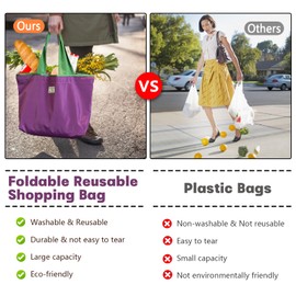 Reusable Grocery Bags Large Foldable Shopping Bag with Pocket Extra Wide Handle Cute Portable Durable Washable Beach Tote Bags for Women Kid's Toys Travel Picnic，Colorfast & Drawstring design（Purple）