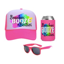 Beaches Booze & Besties PARTY PACK (Set of 7) Party Favor Gift for Parties Spring Break Girls Trip Weekend Getaway for Friends Multipack Pack Sunglasses Drink Holder Trucker Hat (7 Sets)