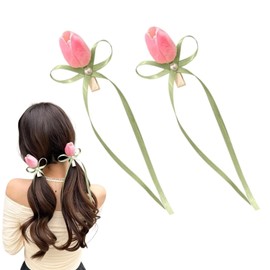 JLEivvi 1 Pair Pink Flower Spring Tulip Hair Clips Exquisite Summer Hair Accessories with Bow Ribbon for Women