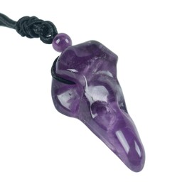 Loveliome Natural Crystal Stone Raven Skull Pendant Necklace Hand Carved Crow Head Charm with Adjustable Cord, Amethyst