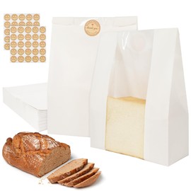 50 PACK Paper Bread Bags for Homemade Bread, (13.8 x 8.3 x 3.5 inch) Large Bakery Bag with Window & Sealing Stickers for Storage Cookies & Snacks