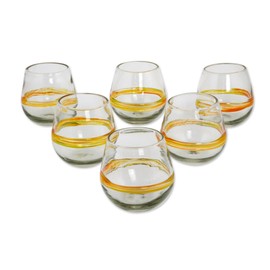 NOVICA Clear Yellow Stripe Hand Blown Glass Stemless Wine Glasses, 14 Oz, Round Ribbon Of Sunshine' (Set Of 6)