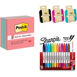 Post-it Notas Adhesivas Pop Up, 7.6 cm x 7.6 cm, 5 pads, 100 hojas por pad +Post-it Dispensador de Notas Adhesivas Pop Up+Sharpie Brush - Rotuladores permanentes surtido de 12 unidades