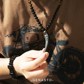 GENASTO Wolf Tooth Necklace Black Obsidian Stone Beads and Tiger Eye Necklace and Tiger Eye Natural Stone Crystal Healing Prayer Necklace for Men Women