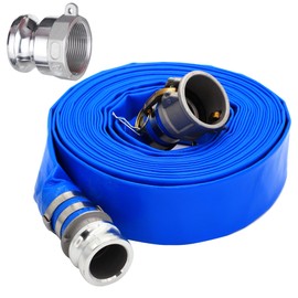 D-WEIXIN 2" ID x 50 ft PVC Lay Flat Discharge Hose with Aluminum Camlock C and E Fittings, Cam Lock Fitting Type A included, Heavy Duty Reinforced Blue Backwash Pump Hoses for Swimming Drain Pools