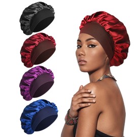 SWEET VIEW 4 Pezzi Bonnet di Seta, Involucro di Seta per Capelli per Dormire, Berretto per Dormire in Raso Morbido e Confortevole, Nero, Rosso, Navy, Viola