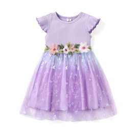 PATPAT Girl's Tulle Dress Tutu Party Birthday Poster Formal Fancy Flower Princess Dresses Light Purple 9-10 Years