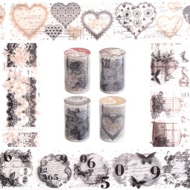 URROMA Scrapbooking Tape Set Retro Floral Pattern 4 Rolls PET Tapes Washi Tape Masking Tape Clear Decorative Stickers for Journaling Junk Diary DIY Craft Art Supplies