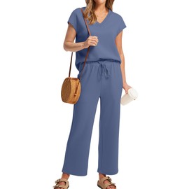 Saloogoe Workout Sets for Women Business Casual Summer Outfits Beach Vacation Clothes Wide Leg Crop Pants Woman Airport Travel Outfits V Nech Cap Sleeve Tops Blue S