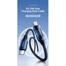 TRON Digital Display USB-C to Lightning Charging Cable, 6A Fast Charging, 5FT Braided Cable, Blue Model, TR75