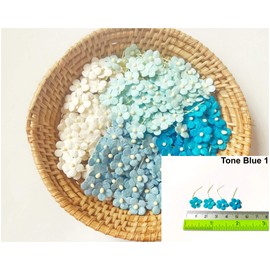 TH Set of 50 Tiny Flower Mixed Tone Blue White Embellishment with Thread stem Mulberry Paper Flower Size 0.30" Very Small Blue1 Craft Handmade DIY Scrapbook for so Many Card Craft Projects