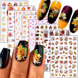 Fall Maple Leaf Nail Art Stickers Decals 3D Thanksgiving Maple Leaves Pumpkin Nut Nail Adhesive Sticker Designs, Glitter Autumn Leaf Nail Transfer Decal Supplies for Women Girls Manicure Decorations