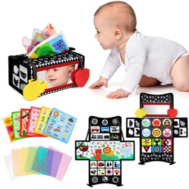 Dr.Rapeti Tummy Time Mirror Toy Tissue Box Toy 3in1 Baby Toy Black and White High Contrast Double-Sided Foldable Sensory Montessori Toy Crinkle Silk Scarves Teethers 0-6 6-12 Month Newborn Infant Baby