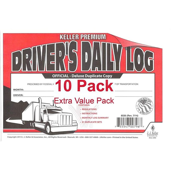 Driver Daily Log Book 10-pk. with 7- and 8-Day Recap - Book Format, 2-Ply Carbonless, 8.5" x 5.5", 31 Sets of Forms Per Book