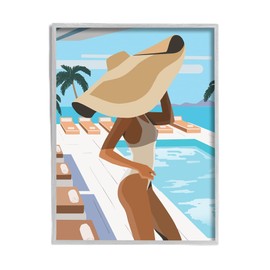 Stupell Industries Poolside Fashion Glam Pose Large Sun Hat Palms, Designed by Ziwei Li Gray Framed Wall Art, 11 x 14, Beige